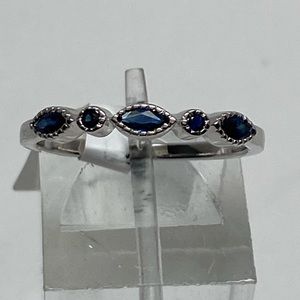 Thin 10K White Gold Bezel Set Blue Sapphire Stackable Band Ring Size 7.25